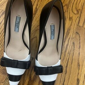 Prada Black and White Heels with Bow Accent